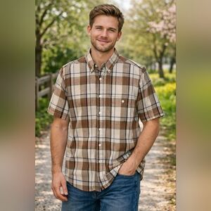 Lobo By Pendleton Plaid Short Sleeve Shirt - Brown/Cream Button Down Size M